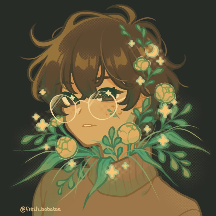 +_+ 1girl artist_name black_background brown_eyes brown_hair brown_theme commentary crescent crescent_facial_mark crescent_hair_ornament emily_kim english_commentary facial_mark flower glasses glowing hair_between_eyes hair_ornament halftone highres leaf looking_at_viewer original parted_lips peony_(flower) portrait short_hair simple_background solo sparkle sparkle_facial_mark sparkling_eyes sweater turtleneck turtleneck_sweater twitter_username yellow_flower yellow_sweater