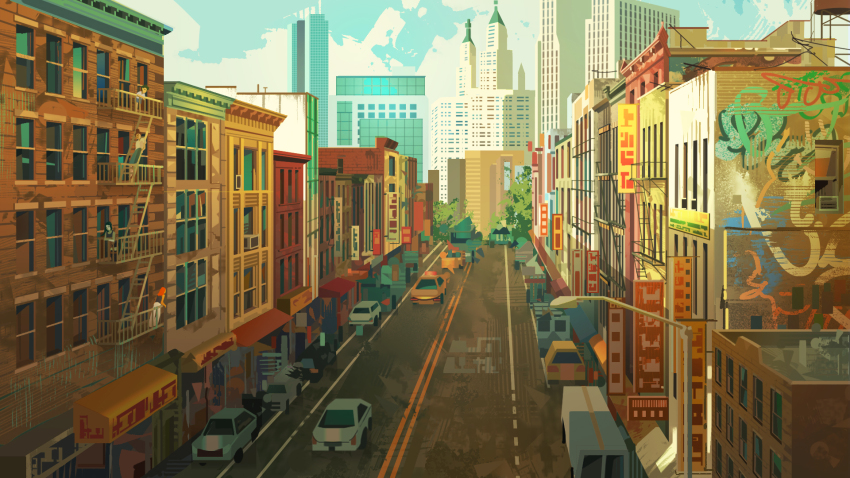 1girl architecture blue_sky car city cityscape day door graffiti highres lamppost motor_vehicle no_humans original outdoors railing road scenery sign sky skyline stairs street taxi traffic truck urban very_wide_shot window yingshiart
