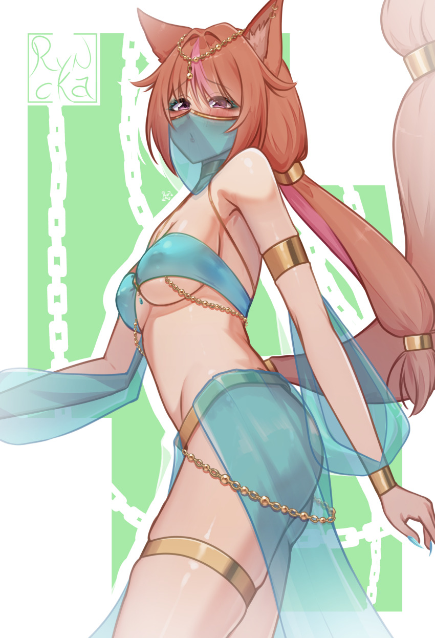 1girl absurdres armlet ass bare_shoulders body_chain bracelet breasts brown_hair covered_erect_nipples dancer gold_thighlet harem_outfit highres indie_virtual_youtuber jewelry long_hair medium_breasts mouth_veil nori_sahara ryncka see-through_clothes skindentation stomach tagme tareme thighlet thighs veil very_long_hair virtual_youtuber