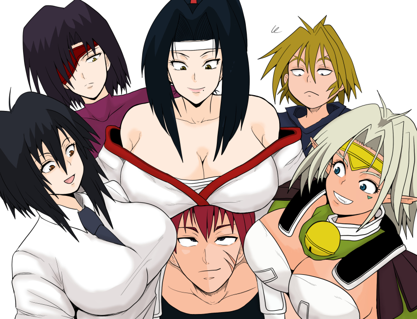 2boys 4girls aisha_clanclan bare_shoulders black_hair blonde_hair blue_eyes breasts brown_eyes closed_mouth collarbone dark-skinned_female dark_skin facial_scar gene_starwind headband highres hilda_(outlaw_star) james_hawking large_breasts lips long_hair melfina_(outlaw_star) mole mole_under_mouth multiple_boys multiple_girls necktie outlaw_star pointy_ears ponytail scar scar_on_cheek scar_on_face smile toshiomaru twilight_suzuka