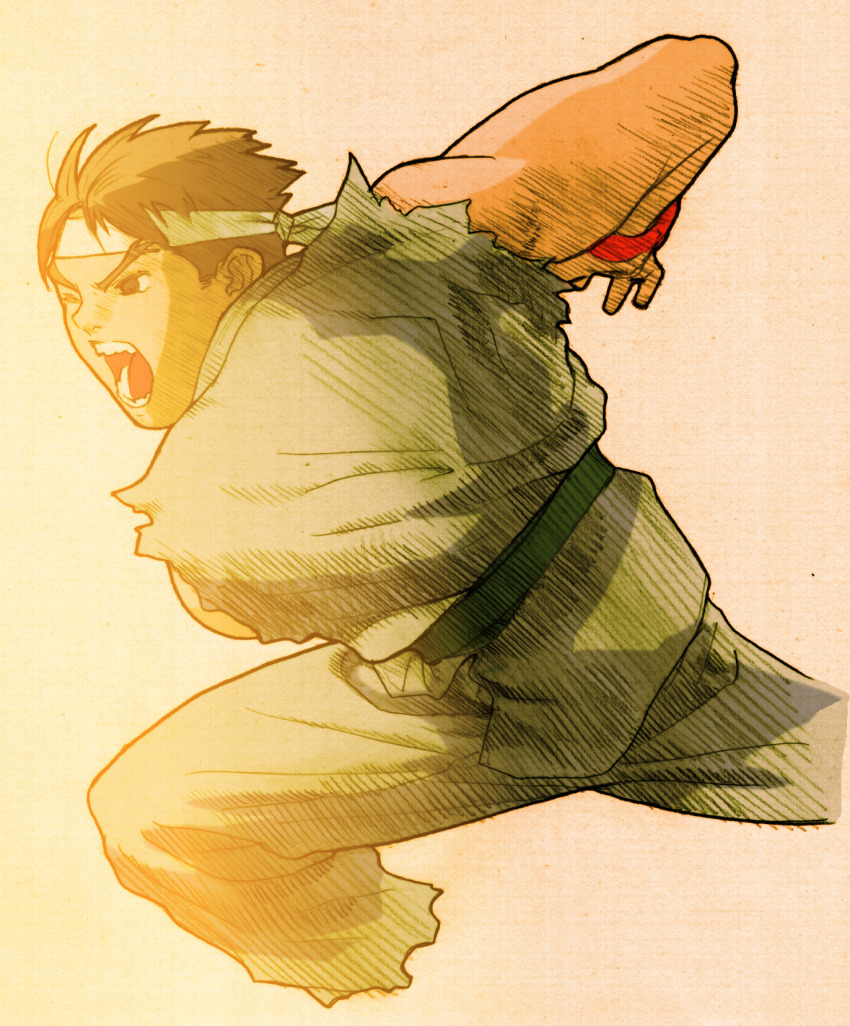 1boy angry bengus brown_eyes brown_hair capcom dougi facing_to_the_side fighting_stance game_cg headband highres male_focus martial_arts_belt marvel marvel_vs._capcom marvel_vs._capcom_2 muscular muscular_male non-web_source official_art open_mouth portrait ryu_(street_fighter) scan short_hair sidelighting simple_background solo street_fighter teeth white_headband