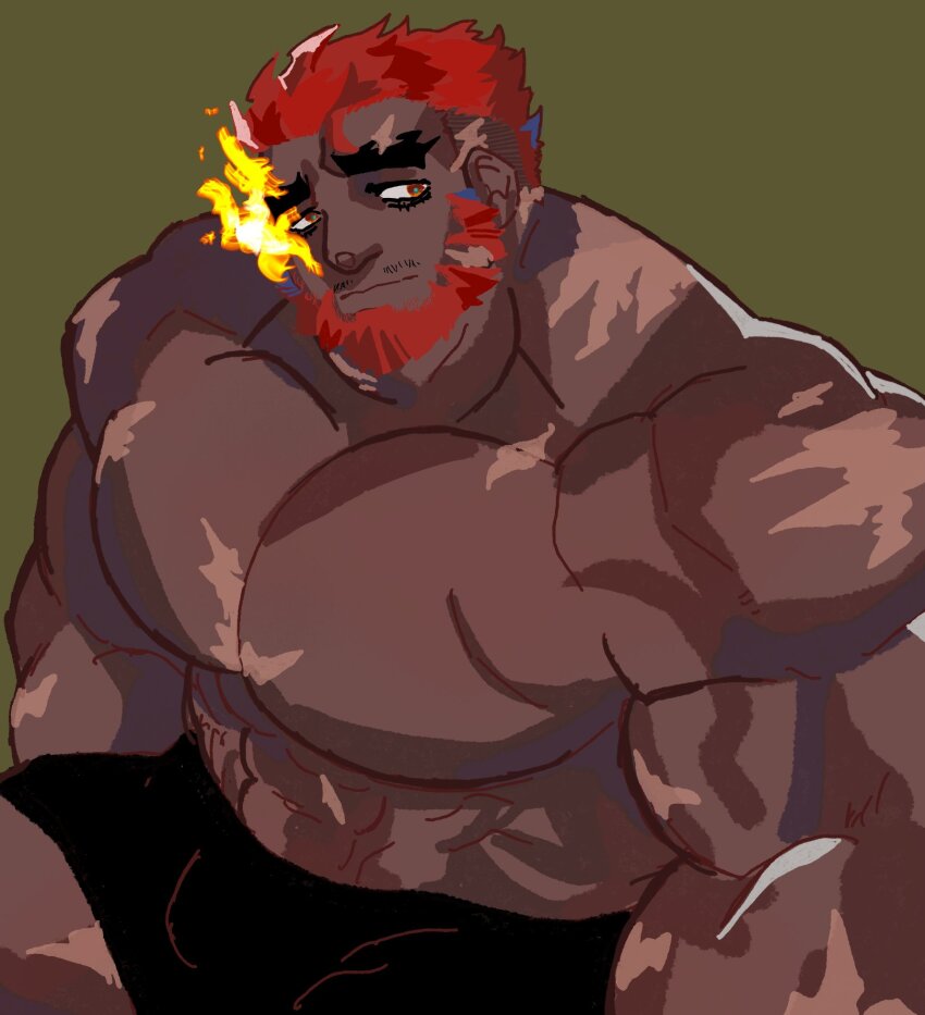 1boy abs bahamut_(bahamunoaka9) bara beard cowboy_shot dark-skinned_male dark_skin eyebrow_cut facial_hair flaming_eye full_beard hephaestus_(housamo) highres huge_pectorals looking_at_viewer male_focus mature_male muscular muscular_male no_nipples red_eyes scar short_hair solo thick_beard thick_eyebrows tokyo_houkago_summoners topless_male upper_body very_dark_skin