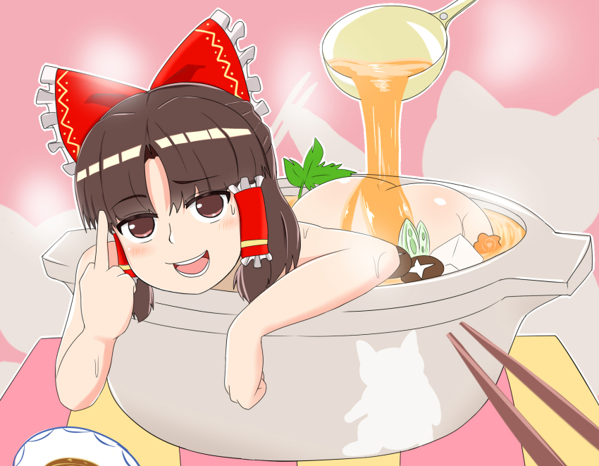 1girl ass benikurage_(cookie) blush bow brown_eyes brown_hair commentary_request completely_nude cookie_(touhou) food frilled_bow frilled_hair_tubes frills gomimaro hair_bow hair_tubes hakurei_reimu highres in_pot ladle looking_at_viewer middle_finger mushroom nabe nude open_mouth parted_bangs pink_background red_bow shiitake short_hair sidelocks smile solo soup tofu touhou