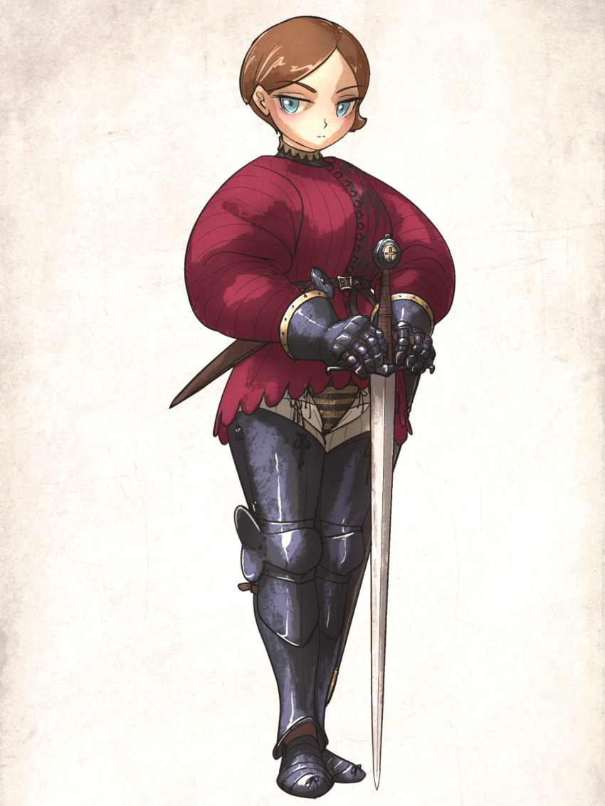 1girl armor belt blue_eyes borrowed_character brown_hair closed_mouth commentary cuisses dagger emmelot_(wassnonnam) english_commentary full_body gambeson gauntlets greaves highres holding holding_sword holding_weapon ironlily knife knife_sheath long_sword looking_to_the_side original panties poleyn sabaton sheath short_hair simple_background solo standing striped_clothes striped_panties sword thighhighs underwear weapon white_background zettai_ryouiki