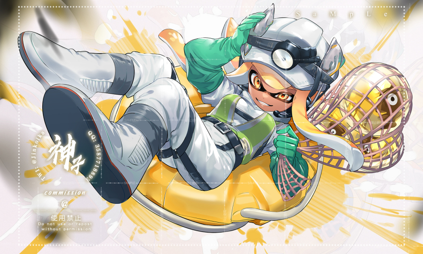 1girl artist_name blonde_hair blunt_bangs boots commentary commission elbow_gloves full_body gloves golden_egg_(splatoon) green_gloves grin hand_on_headwear harness headlamp headset helmet high-visibility_clothing high-visibility_vest holding holding_sack inkling inkling_girl inkling_player_character jinkoika jumpsuit lifebuoy long_hair long_sleeves microphone mining_helmet nintendo rubber_boots rubber_gloves sack salmon_run_(splatoon) sample_watermark smile solo splatoon_(series) splatoon_3 swim_ring symbol-only_commentary tentacle_hair watermark white_boots white_helmet white_jumpsuit yellow_eyes
