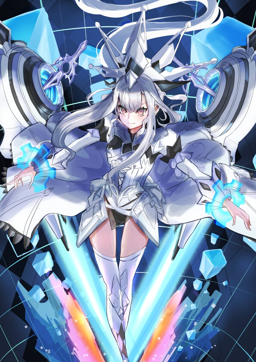 1girl absurdres armor black_leotard closed_mouth corset crown cyberspace double-parted_bangs duel_monster eyeliner hair_ornament highleg highleg_leotard highres juliet_sleeves leotard long_sleeves looking_at_viewer lost_technology makeup maliss_&lt;q&gt;_white_binder monster noppe pink_eyes puffy_sleeves rapier see-through_clothes see-through_skirt skirt solo sword thighhighs thighs weapon white_armor white_hair yu-gi-oh! zettai_ryouiki