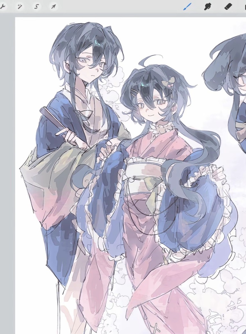 1boy 1girl ahoge art_program_in_frame black_hair blue_haori bow call_of_cthulhu chinese_commentary closed_mouth commentary_request feet_out_of_frame folded_fan folding_fan frilled_sash frilled_sleeves frills from_behind green_bow grey_eyes hair_bow hair_ornament hairclip hand_fan haori harushiro_ryuusei height_difference highres holding holding_fan japanese_clothes kimono liningne long_hair obi original pink_bow pink_kimono procreate_(medium) procreate_(software) sash short_hair_with_long_locks smile white_background white_kimono white_sash yishu_shi_si
