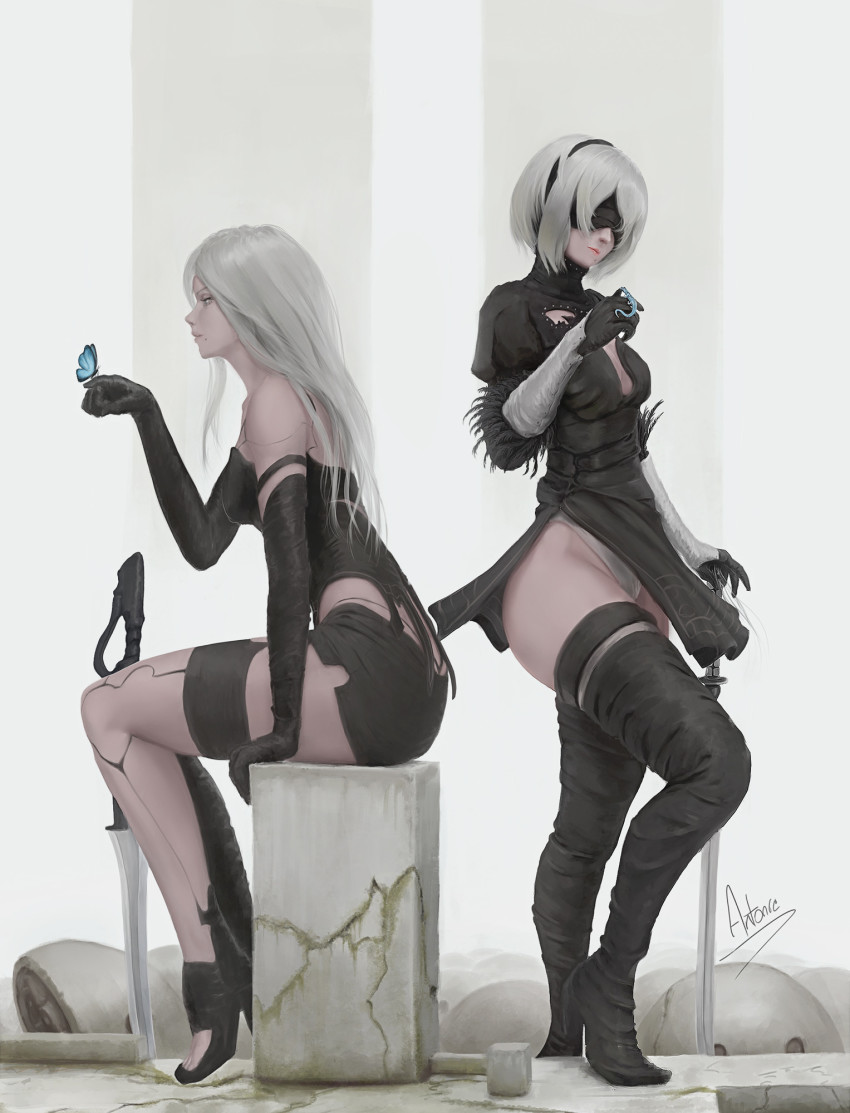 2b_(nier:automata) 2girls a2_(nier:automata) android armlet asymmetrical_legwear bare_shoulders black_footwear black_gloves black_legwear black_shorts black_tank_top blindfold bob_cut boots bug butterfly butterfly_on_hand cleavage_cutout clothing_cutout elbow_gloves feather-trimmed_sleeves feather_trim gloves high_heels highres insect jewelry joints juliet_sleeves leotard long_hair long_sleeves machine_(nier) mole mole_under_mouth multiple_girls nier:automata nier_(series) noctuabell puffy_sleeves robot_joints short_hair shorts signature single_thighhigh sitting tank_top thigh_boots thigh_strap thighhighs type-4o_sword virtuous_contract white_hair white_leotard