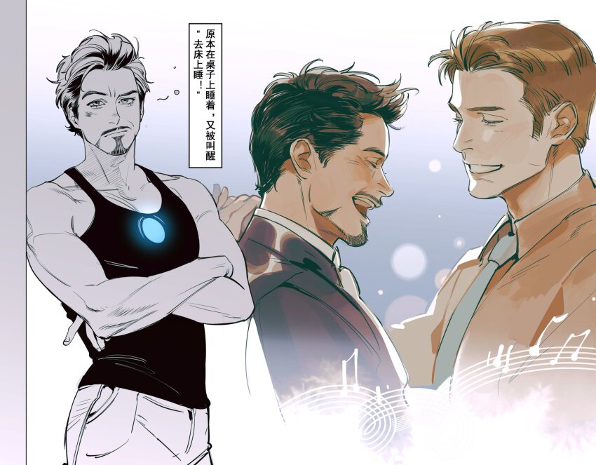 2boys arc_reactor avengers_(series) bare_shoulders black_hair black_jacket black_tank_top blush closed_eyes closed_mouth collarbone collared_jacket collared_shirt crossed_arms facial_hair fingernails formal_clothes grey_necktie highres jacket light_brown_hair long_sleeves looking_at_viewer male_focus marvel multiple_boys musical_note necktie open_mouth orange_shirt pocket shirt short_hair smile standing steve_rogers suit tank_top teeth tobu_(bilibil) toned toned_male tongue tony_stark white_necktie white_shirt
