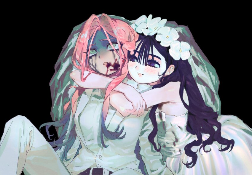 2girls alien_stage black_hair blazer blood blood_on_face bridal_veil commentary dress flower formal_clothes green_eyes hair_flower hair_ornament hashtag-only_commentary highres hug hug_from_behind jacket laz_(wancchaco) makeup mizi_(alien_stage) multiple_girls official_alternate_costume official_alternate_hair_length official_alternate_hairstyle pants pink_hair purple_eyes runny_makeup shirt strapless strapless_dress sua_(alien_stage) suit veil wedding_dress white_dress white_flower white_jacket white_shirt white_suit