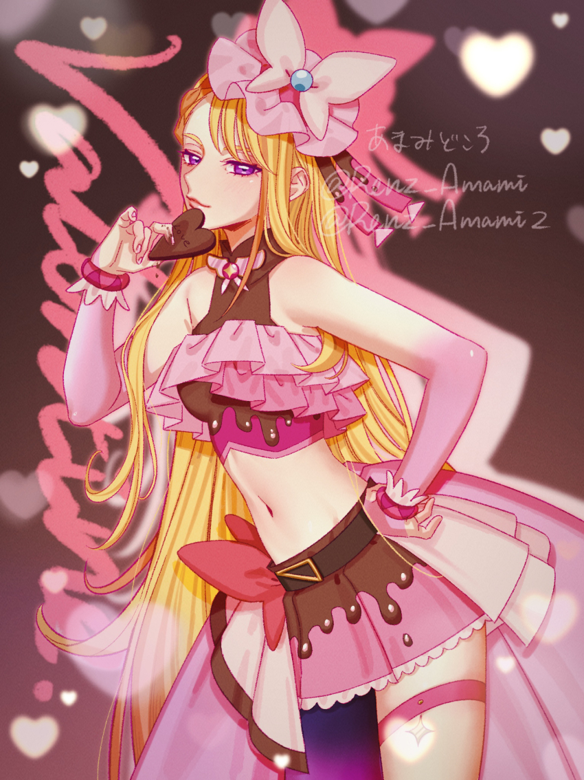 1girl adapted_costume artist_name belt black_belt blonde_hair bow bow_skirt braid braided_bangs bridal_gauntlets brooch butterfly_hat_ornament candy chocolate chocolate_heart closed_mouth commentary cowboy_shot cropped_shirt cure_butterfly elbow_gloves english_commentary food frilled_shirt frills gloves half-closed_eyes hand_on_own_hip hat hat_ornament heart heart-shaped_food highres hijiri_ageha hirogaru_sky!_precure holding holding_chocolate holding_food jewelry leaning_forward long_hair looking_at_viewer microskirt midriff mixed-language_commentary mob_cap navel pink_gloves pink_hat pink_shirt pink_skirt pleated_skirt precure purple_eyes red_bow renz_amami shirt showgirl_skirt signature skirt sleeveless sleeveless_shirt smile solo standing thigh_strap twitter_username valentine very_long_hair wing_brooch