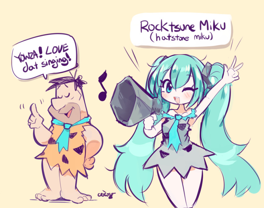 1boy 1girl aqua_eyes aqua_hair aqua_necktie arm_up bare_arms bare_legs bare_shoulders barefoot black_hair blush ceroro closed_eyes collarbone eighth_note english_text fred_flintstone hatsune_miku highres long_hair megaphone musical_note necktie open_mouth pale_skin parody polka_dot short_hair signature smile speech_bubble spoken_musical_note the_flintstones twintails very_long_hair vocaloid w