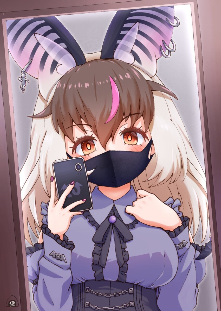 1girl animal_ears bat_ears bat_girl bow bowtie brown_eyes brown_hair brown_long-eared_bat_(kemono_friends) cellphone dress earrings extra_ears grey_hair highres jewelry kemono_friends kemono_friends_v_project long_hair mask mirror multicolored_hair nail_polish phone piki_(zuru-pikio) selfie shirt skirt smartphone solo streaked_hair upper_body virtual_youtuber