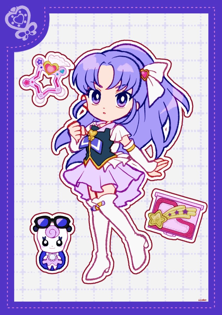 1girl asymmetrical_skirt back_bow black_shirt black_vest boots border bow bowtie brooch clenched_hand collared_vest cure_fortune deformed determined dot_nose dotted_line footwear_bow frilled_vest frills full_body grid_background gurasan_(happinesscharge_precure!) hair_ornament hair_ribbon happinesscharge_precure! heart heart_brooch heart_hair_ornament high_heel_boots high_heels highres hikawa_iona instrument jewelry lace lace-trimmed_shirt lace_trim lapels long_hair looking_at_viewer magical_girl makeup_palette medium_skirt notched_lapels outline parted_bangs parted_lips pleated_skirt pleated_sleeves ponytail precure purple_border purple_bow purple_bowtie purple_eyes purple_hair purple_skirt ribbon shirt short_sleeves signature skirt star_(symbol) tambourine thigh_boots tsurime uwded_207 v-shaped_eyebrows very_long_hair vest white_arm_warmers white_background white_boots white_bow white_outline white_ribbon white_sleeves