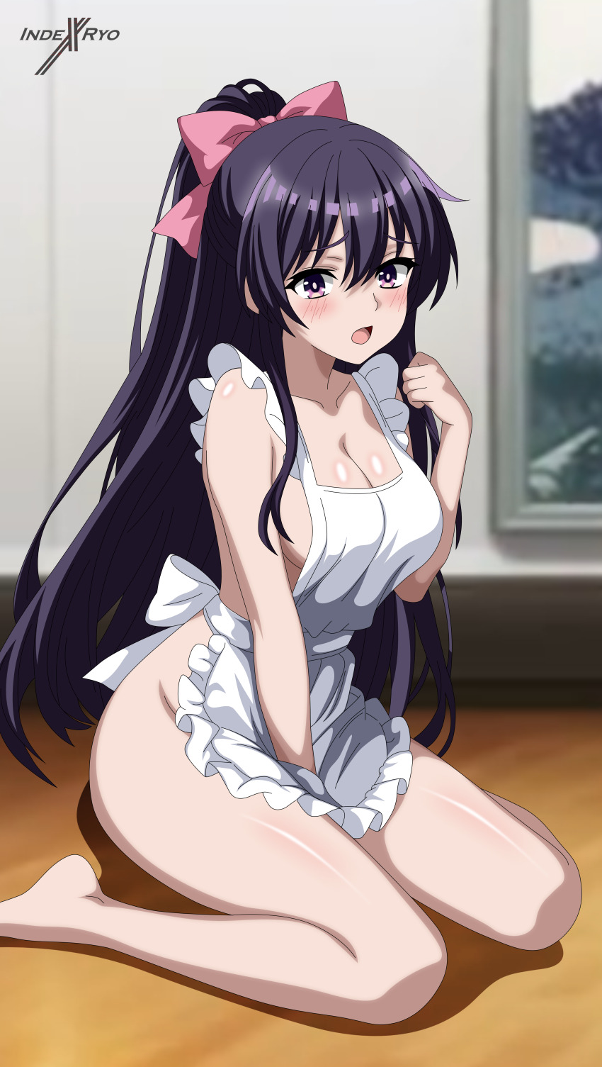 1girl absurdres apron bare_shoulders between_legs blurry blurry_background blush bow breasts cleavage date_a_live hair_bow hand_between_legs highres indexryo indoors large_breasts long_hair looking_at_viewer naked_apron pink_bow purple_eyes purple_hair sideboob sitting solo wariza white_apron yatogami_tohka