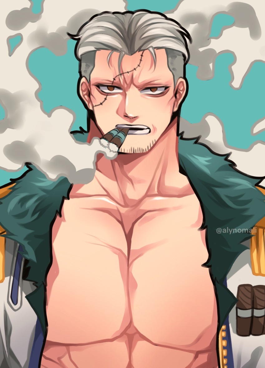 1boy alynomali bara expressionless highres huge_pectorals looking_at_viewer male_focus muscular muscular_male one_piece pectoral_cleavage pectorals sanpaku short_hair smoke smoker_(one_piece) smoking solo sparse_stubble stitches tsurime upper_body white_hair