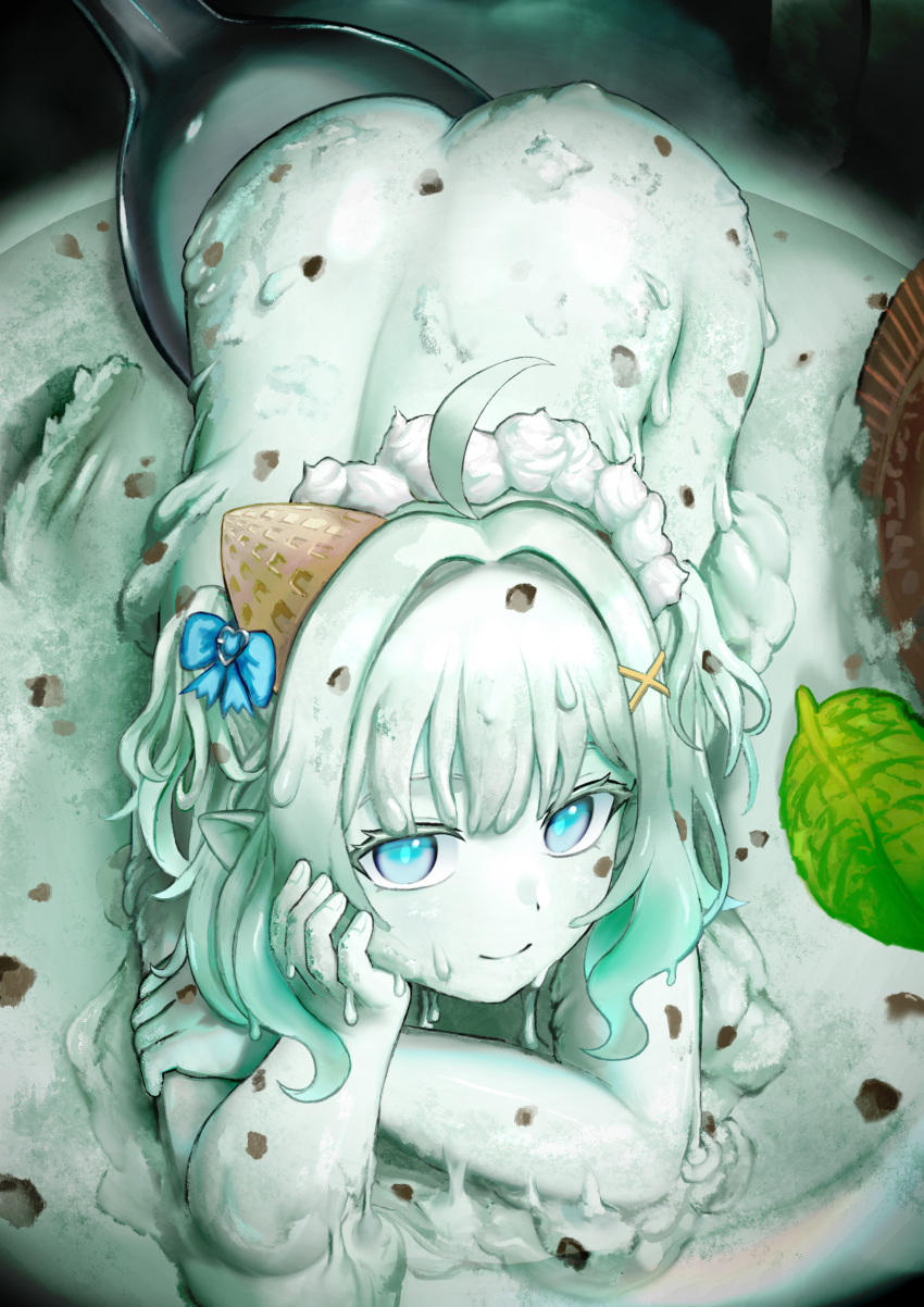 1girl absurdres ahoge aqua_hair ass blue_bow blue_eyes bow dimensionless88 food hair_bow hair_ornament highres ice_cream indie_virtual_youtuber looking_at_viewer mint_chocolate mint_fantome nude short_hair smile solo spoon x_hair_ornament
