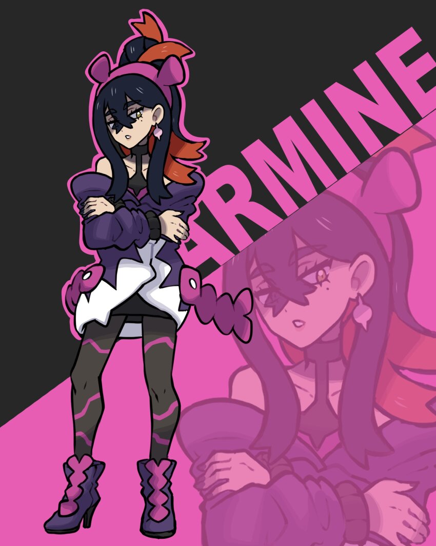 1girl absurdres alternate_costume alternate_hairstyle bare_shoulders black_background black_dress black_hair black_pantyhose carmine_(pokemon) character_name colored_inner_hair commentary creatures_(company) crossed_arms dress english_commentary eyelashes full_body game_freak hairband high_heels highres jacket long_hair mole mole_under_eye multicolored_hair nintendo outline pantyhose pokemon pokemon_sv ponytail purple_background purple_footwear purple_hairband purple_jacket purple_outline red_hair rgreywind short_dress sleeveless sleeveless_dress solo standing two-tone_background two-tone_hair yellow_eyes