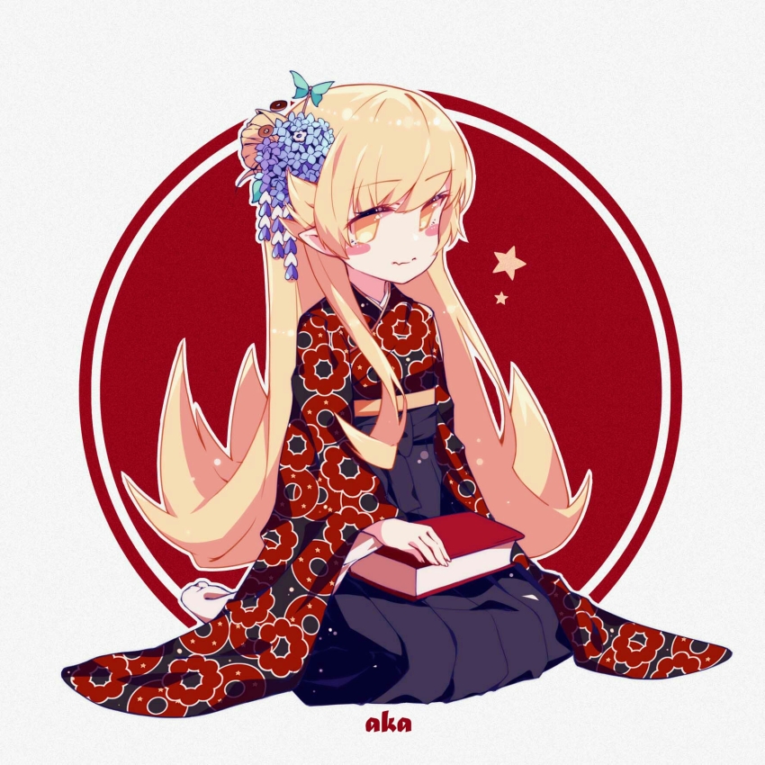 1girl aka_kan artist_name bad_id bad_pixiv_id belt black_hakama black_kimono blonde_hair blue_flower blush_stickers book border butterfly_hair_ornament closed_mouth commentary double_bun donut_hair_ornament donut_print facing_to_the_side flipped_hair flower food-themed_hair_ornament food_print full_body furisode_sleeves hair_bun hair_flower hair_ornament hakama hakama_skirt highres holding holding_book japanese_clothes kimono light_smile long_hair long_sleeves looking_afar looking_ahead monogatari_(series) obi oshino_shinobu pants print_kimono red_background red_kimono sash seiza sitting skirt smile socks solo star_(symbol) swept_bangs symbol-only_commentary tabi two-tone_background two-tone_kimono very_long_hair wavy_mouth white_background white_border white_socks wide_sleeves yellow_belt yellow_eyes yellow_sash