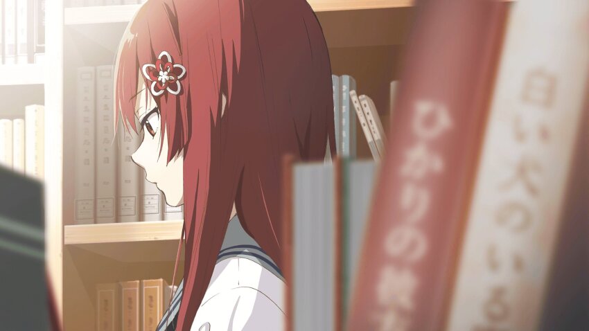 1girl 22/7 22/7_ongaku_no_jikan book bookshelf from_side game_cg hair_ornament highres horiguchi_yukiko indoors library long_hair non-web_source official_art red_eyes red_hair sato_reika school_uniform sidelocks solo straight_hair