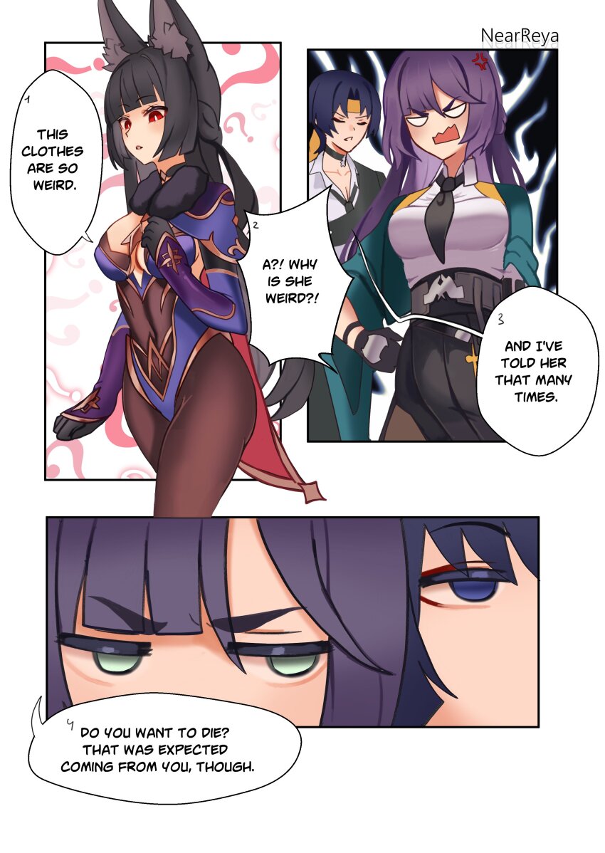 ? absurdres alternate_hairstyle anger_vein animal_ear_fluff animal_ears arm_at_side asaba_harumasa asaba_harumasa_(cosplay) black_gloves black_hair black_necktie black_skirt blank_eyes bodystocking breasts bright_pupils brown_pantyhose by_nearreya clenched_hands closed_eyes collared_shirt cosplay costume_switch detached_sleeves elbow_gloves empty_eyes english_text engrish_text fox_ears fur-trimmed_collar fur_collar fur_trim genshin_impact gloves gold_trim green_eyes hair_between_eyes hair_down hand_up headband highleg highleg_leotard highres hime_cut hoshimi_miyabi hoshimi_miyabi_(cosplay) in-franchise_crossover kakihara_tetsuya leotard long_hair looking_down looking_up medium_breasts mona_(genshin_impact) mona_(genshin_impact)_(cosplay) necktie open_mouth pantyhose parted_bangs purple_hair purple_leotard purple_sleeves raised_eyebrow ranguage red_eyes scaramouche_(genshin_impact) shirt short_eyebrows sideways_glance skirt threat underbust v-shaped_eyebrows voice_actor_connection wanderer_(genshin_impact) white_mouth white_pupils white_shirt yellow_headband zenless_zone_zero