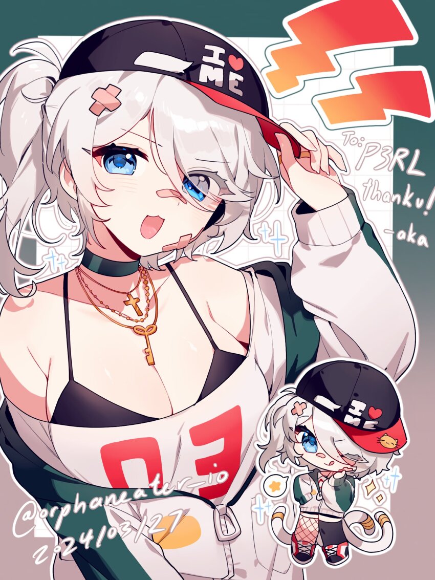 1girl artist_name bandaid bandaid_on_cheek bandaid_on_face bandaid_on_head bandaid_on_nose bare_shoulders baseball_cap black_bra black_choker black_hat blue_eyes bra breasts chibi chibi_inset choker cleavage clothes_writing collarbone commentary commission cross cross_necklace dated english_commentary english_text hair_between_eyes hair_ornament hair_over_one_eye hand_on_headwear hand_up hat highres jacket jewelry key key_necklace long_sleeves looking_at_viewer medium_breasts medium_hair multiple_views necklace off-shoulder_shirt off_shoulder one_side_up open_clothes open_jacket open_mouth original orphaneater_io partially_unzipped shirt speech_bubble spoken_star star_(symbol) underwear upper_body vgen_commission white_hair white_shirt zipper zipper_pull_tab