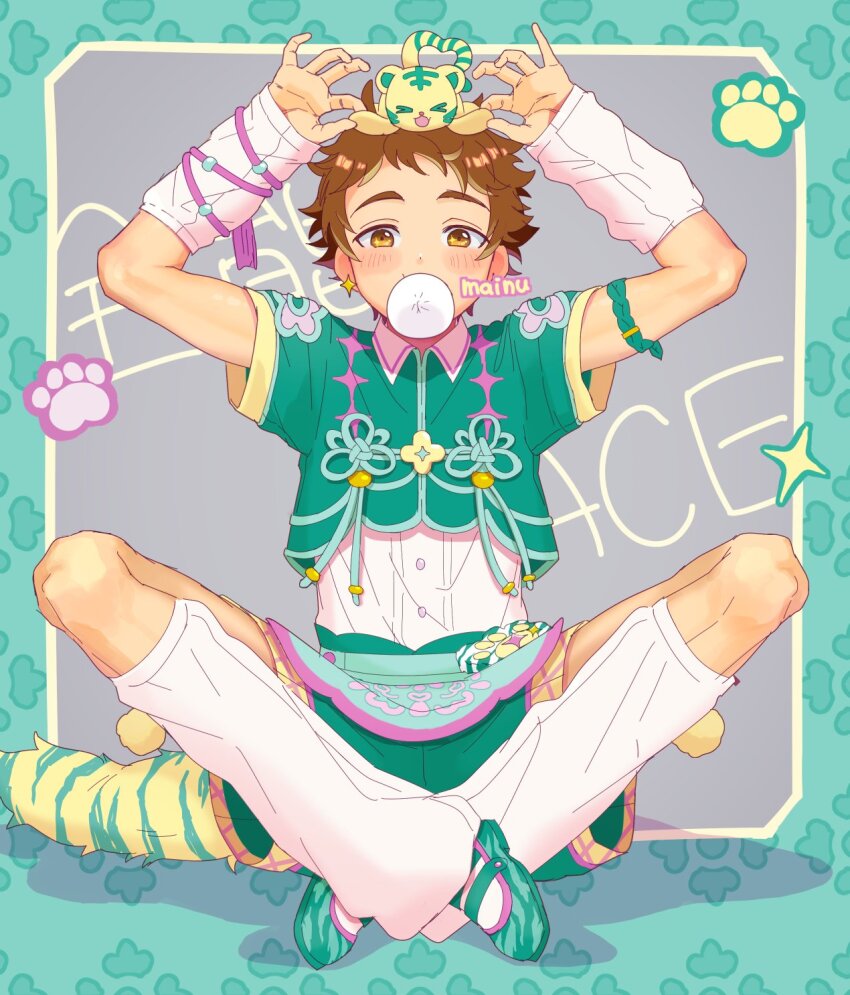 &gt;_&lt; 1boy :d akatsuki_(ensemble_stars!) apron armlet arms_up artist_name attakaionaka beads blush border brown_eyes brown_hair collared_shirt earrings ensemble_stars! food food_in_mouth green_apron green_border green_shirt green_shoes green_shorts grey_background highres holding holding_stuffed_toy indian_style jewelry leg_warmers looking_at_viewer male_focus mary_janes official_alternate_costume open_mouth pankou paw_print pom_pom_(clothes) shadow shirt shoes short_bangs short_hair short_sleeves shorts sitting smile solo sparkle sparkling_eyes star_(symbol) star_earrings steamed_bun stuffed_animal stuffed_tiger stuffed_toy tail tenma_mitsuru thick_eyebrows tiger_stripes tiger_tail white_arm_warmers white_leg_warmers white_shirt wing_collar