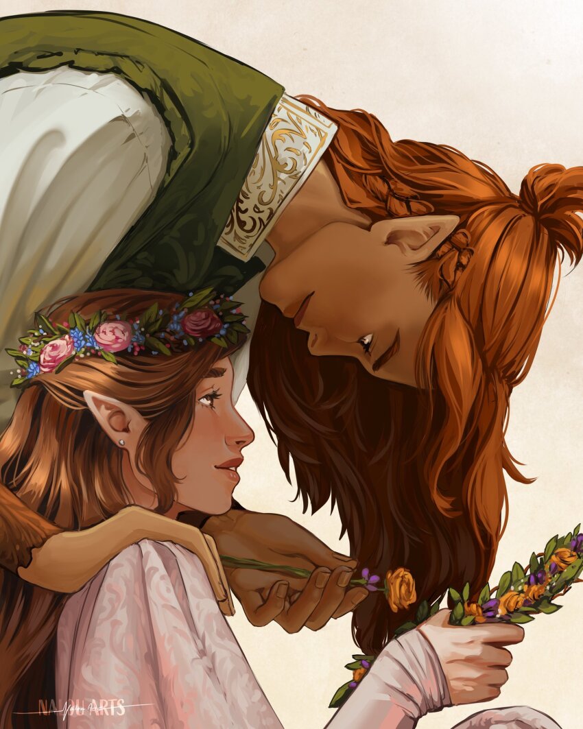 1boy 1girl a_court_of_thorns_and_roses_(series) artist_logo artist_name braid brown_eyes brown_hair commentary dress earrings elain_archeron english_commentary eye_contact flower from_side green_vest hand_on_another&#039;s_shoulder hetero highres holding jewelry lips logo long_hair long_sleeves looking_at_another lucien_vanserra nalau_arts pointy_ears profile red_hair shirt signature simple_background smile vest white_background white_shirt