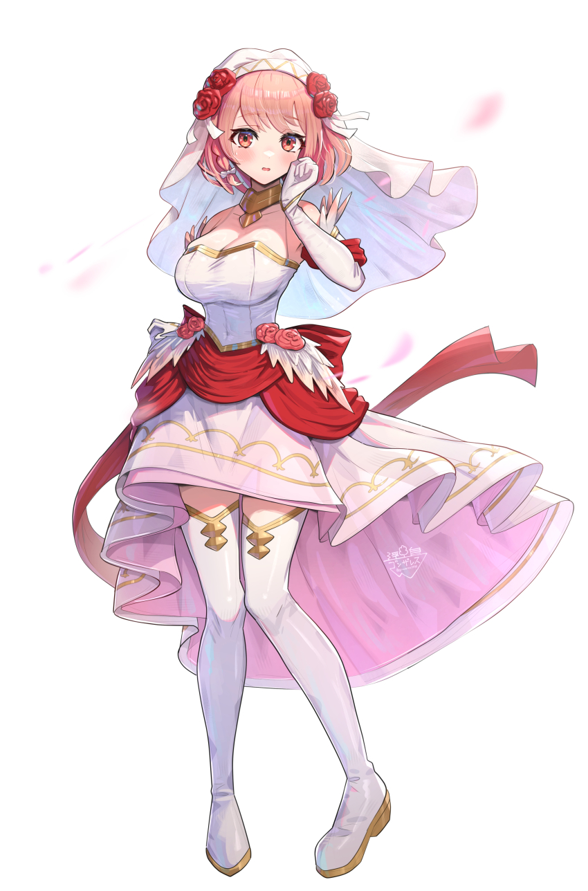 1girl absurdres boots breasts bridal_gauntlets bridal_veil bride cleavage collared_halterneck dress elbow_gloves fire_emblem fire_emblem_engage fire_emblem_heroes flower gloves gold_choker gold_trim gonzarez hairband highres lapis_(fire_emblem) lapis_(mighty_bride)_(fire_emblem) large_breasts looking_at_viewer nintendo official_alternate_costume pink_eyes pink_hair red_flower red_rose rose solo thigh_boots two-tone_hairband veil wedding_dress white_boots white_bridal_gauntlets white_dress white_gloves white_hairband yellow_hairband