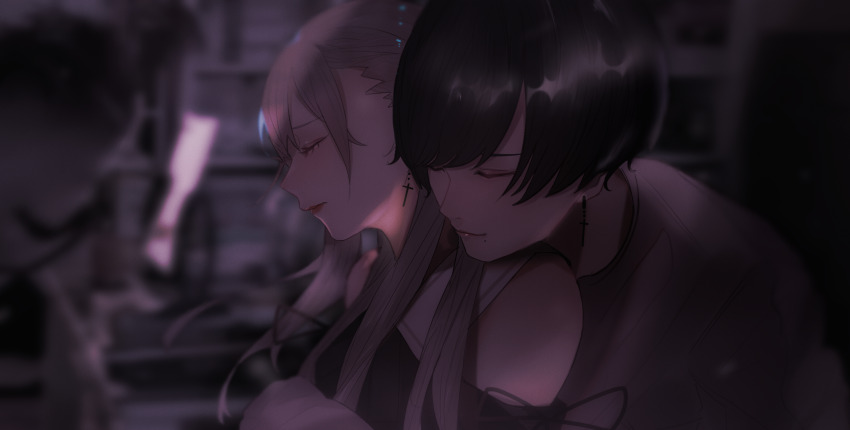 1boy 1girl absurdres bare_shoulders black_hair blonde_hair blurry blurry_background closed_eyes couple cross cross_earrings earrings eyelashes from_side grey_sweater head_on_another&#039;s_shoulder hetero highres hug hug_from_behind jewelry latin_cross lipstick long_hair makeup mano_aaa mole mole_under_mouth original red_lips short_hair sweater swept_bangs upper_body