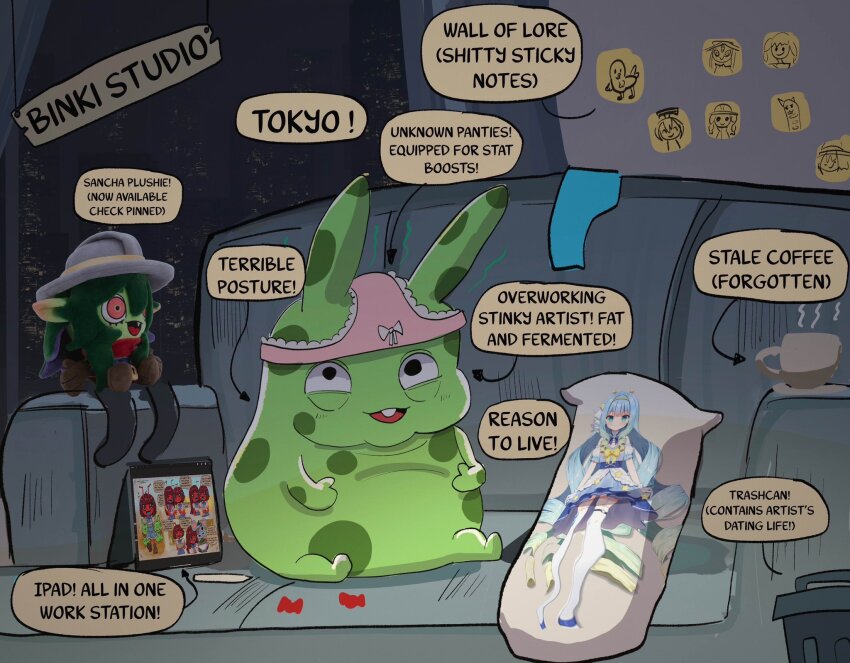 ant_girl artist_self-insert basedbinkie cat_baguette_(popopoka) character_request coffee commentary couch dakimakura_(object) dakota_(basedbinkie) dickbutt english_commentary fumo_(doll) highres ipad object_on_head original panties panties_on_head pillow polka_dot sancha_gobzales_(basedbinkie) solo sticker stuffed_toy tablet_pc trash_can underwear