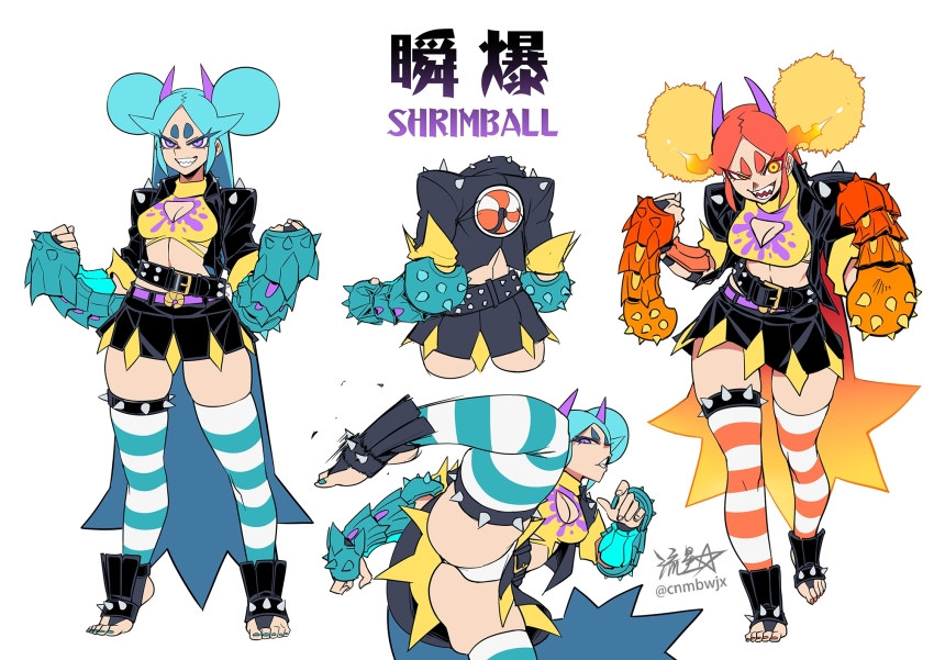aqua_nails arm_guards belt blonde_hair blue_hair breasts character_name reference_sheet cleavage cleavage_cutout clenched_hands clothing_cutout commentary crop_top double_bun fiery_hair furrowed_brow grin hair_bun highres horns kicking long_hair medium_breasts midriff miniskirt multicolored_eyes multicolored_hair nail_polish orange_eyes orange_hair orange_nails original panties pantyshot purple_eyes purple_horns ryuusei_(mark_ii) sharp_teeth shoulder_spikes shrimball_(ryuusei_(mark_ii)) signature skirt smile spiked_belt spikes striped_clothes striped_thighhighs teeth thick_eyebrows thighhighs toeless_footwear toenail_polish toenails twitter_username two-tone_hair underwear very_long_hair white_panties yellow_eyes