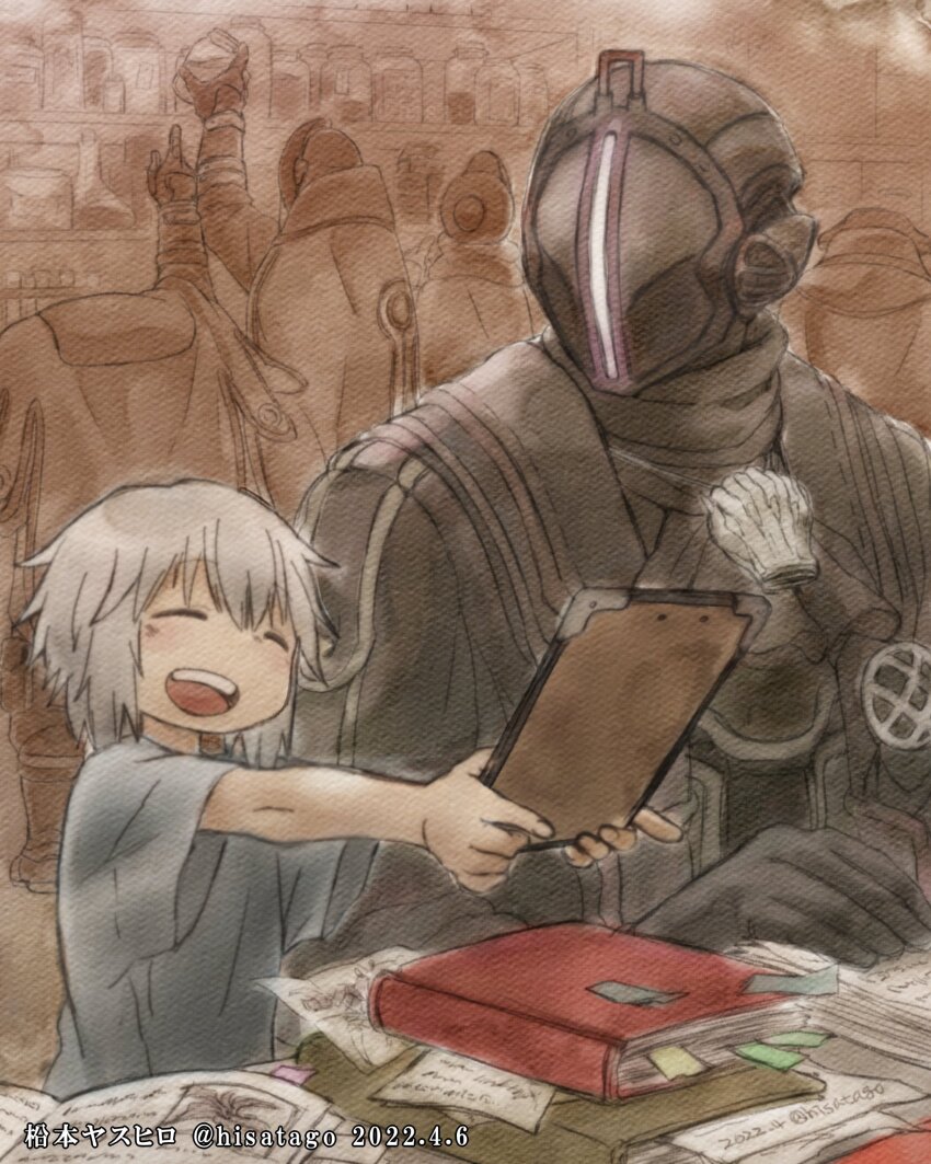 1girl 5boys absurdres ascot black_ascot blush bondrewd book bookmark brown_background closed_eyes commentary_request dated erlenmeyer_flask flask grey_shirt highres hisatago looking_to_the_side made_in_abyss masked multiple_boys open_mouth paper prushka shelf shirt short_sleeves smile teeth upper_body upper_teeth_only whistle whistle_around_neck white_hair