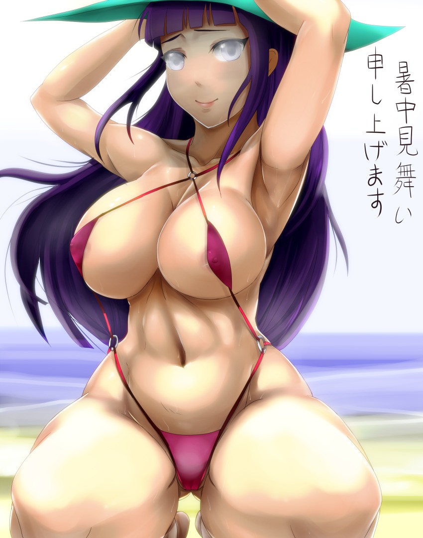 1girl absurdres areola_slip armpits arms_behind_head arms_up bikini breasts cameltoe cleavage covered_erect_nipples female_focus highres hyuuga_hinata kneeling large_breasts long_hair looking_at_viewer micro_bikini naruto naruto_(series) navel purple_eyes purple_hair sakuama smile solo sweat swimsuit