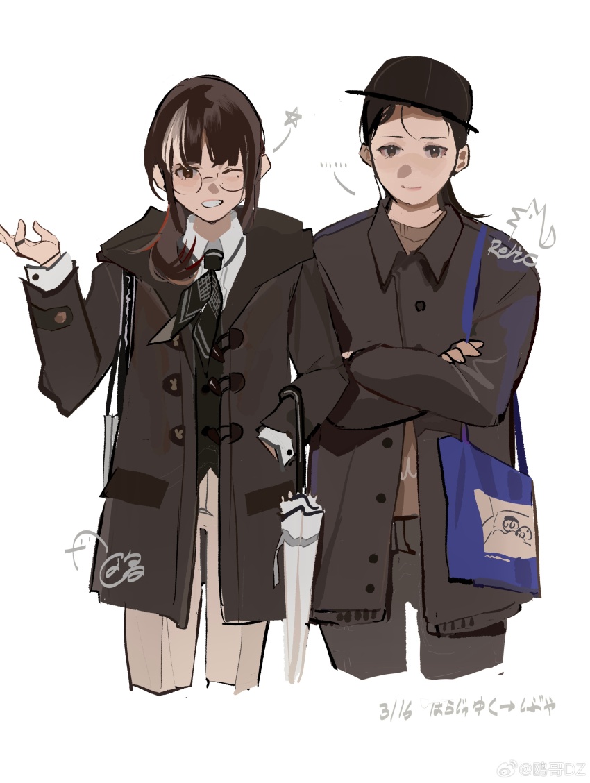 ... 2girls absurdres bag black_coat black_hair black_hat black_neckerchief black_vest blue_hat brown_eyes brown_hair brown_pants brown_shirt chinese_commentary closed_mouth closed_umbrella coat collared_coat collared_shirt commentary_request cropped_legs crossed_arms dated denim dress_pants glasses grey_pants grin hand_on_own_hip hat highres hood hood_down hooded_coat jeans layered_sleeves long_hair long_sleeves mole mole_under_eye mole_under_mouth multicolored_hair multiple_girls multiple_moles neckerchief one_eye_closed open_clothes open_coat original ouge_dz pants partially_unbuttoned photo-referenced plaid_clothes plaid_neckerchief pocket shirt shoulder_bag signature simple_background smile spoken_ellipsis standing streaked_hair translation_request umbrella vest watermark weibo_watermark white_background white_hair white_shirt white_umbrella wink_star