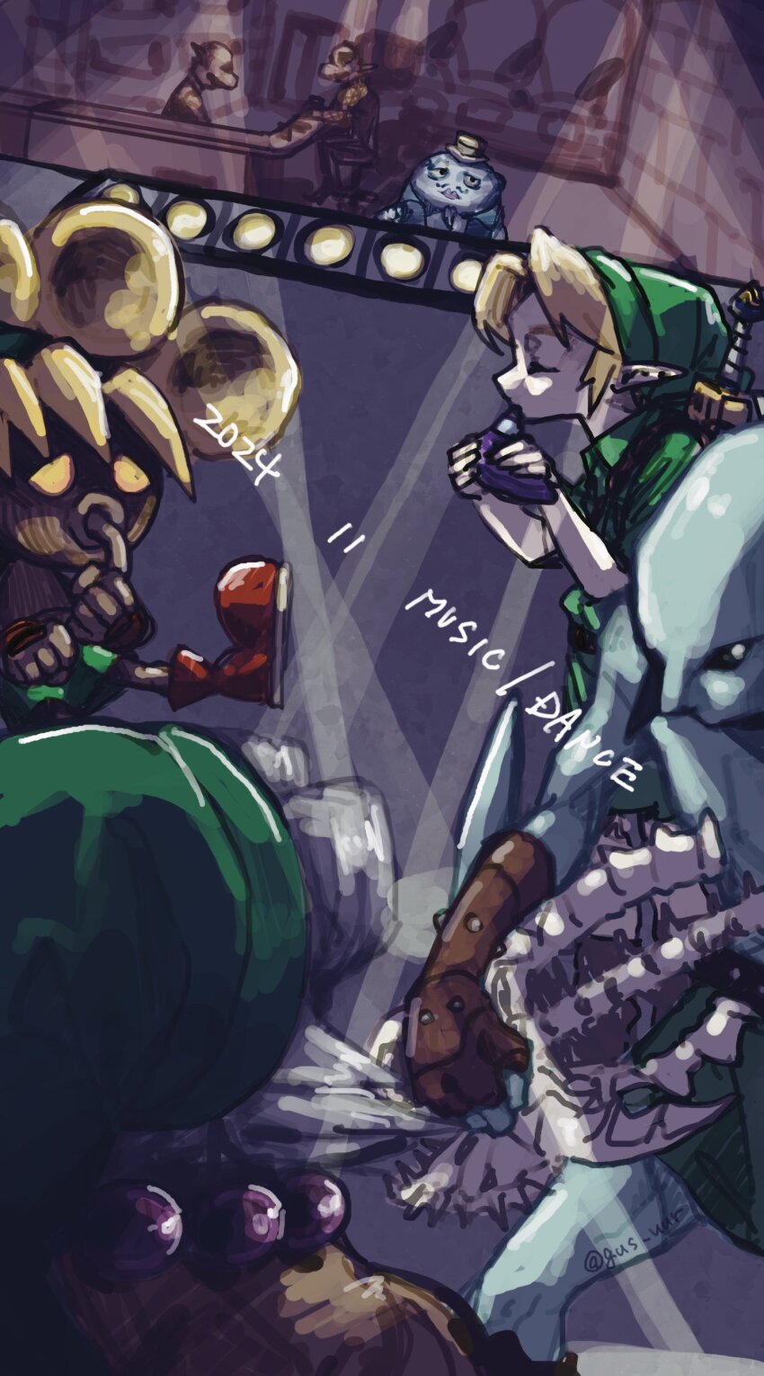 2024 4boys absurdres bar_(place) blonde_hair boots brick_wall closed_eyes deku_link deku_scrub drums gloves gorman goron goron_link guitar gus_uur hat highres indoors instrument link mr._barten multiple_boys multiple_persona music nintendo ocarina playing_instrument spotlight the_legend_of_zelda the_legend_of_zelda:_majora&#039;s_mask toto_(zelda) trumpet zora zora_link