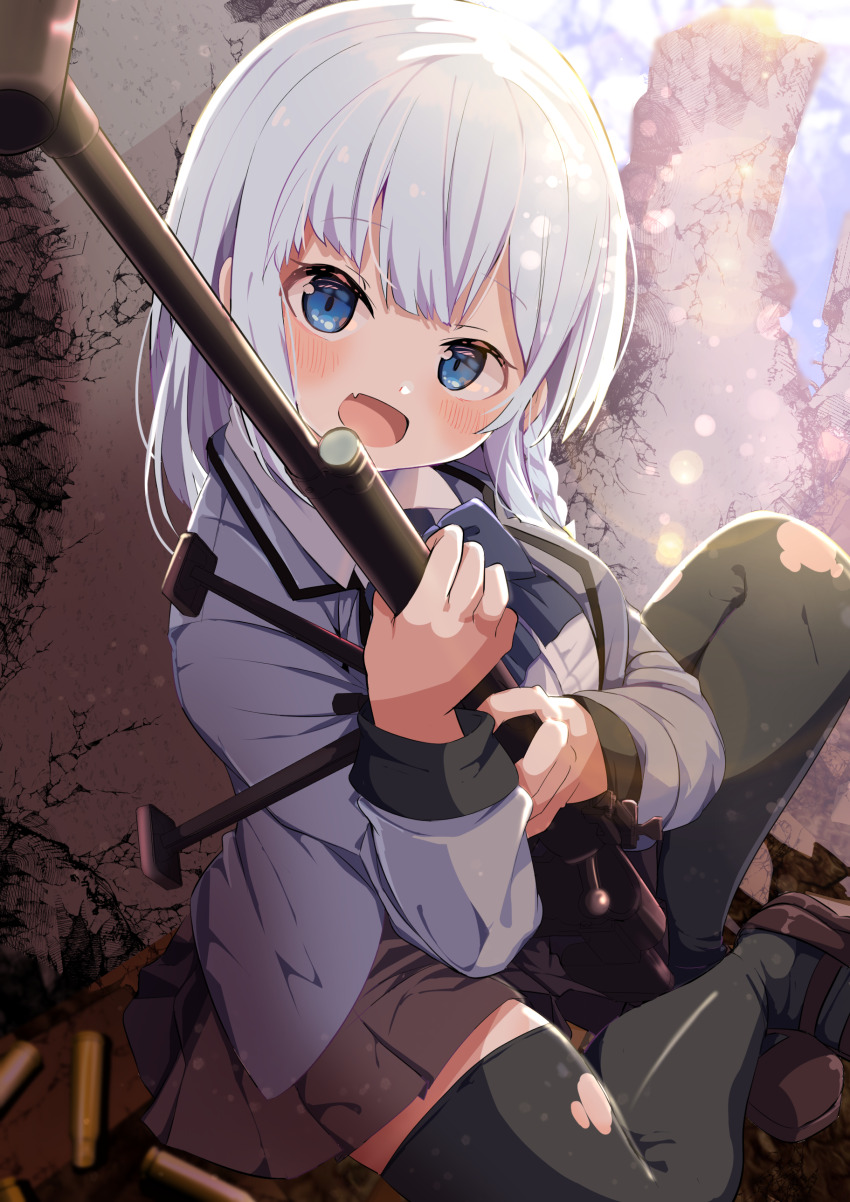 1girl :d absurdres anti-materiel_rifle black_thighhighs blue_bow blue_eyes blush bow braid brown_shoes brown_skirt bullet collared_shirt commission fang grey_jacket gun head_tilt highres holding holding_gun holding_weapon jacket loafers long_hair long_sleeves looking_at_viewer open_mouth original outdoors pleated_skirt rifle school_uniform shell_casing shiro9jira shirt shoes sitting skeb_commission skin_fang skirt smile sniper_rifle solo thighhighs torn_clothes torn_thighhighs weapon white_hair white_shirt