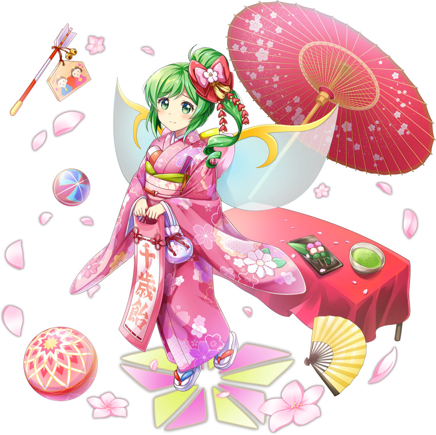 1girl alternate_costume alternate_hairstyle arrow_(projectile) ball banner blush bow bowl cherry_blossoms closed_mouth daiyousei daiyousei_(thousand-year_candy_of_longevity) dango drill_hair ema fairy fairy_wings falling_petals floral_print folding_fan food game_cg green_eyes green_hair green_tea hair_bow hair_bun hamaya hand_fan highres holding japanese_clothes kimono kinchaku long_sleeves looking_at_viewer obi obiage obijime official_art oil-paper_umbrella petals pink_kimono pink_petals plate ponytail pouch print_kimono rotte_(1109) sandals sanshoku_dango sash single_hair_bun socks solo table tablecloth tareme tea temari_ball third-party_source touhou touhou_lostword translation_request transparent_background transparent_wings umbrella wagashi white_sandals white_socks wide_sleeves wings