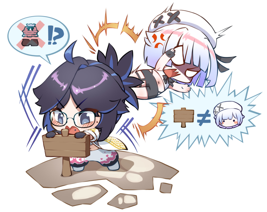 2girls agustinus ahoge amemiya_nazuna angry black_hair blue_eyes blue_hair blush chibi drop_kick flying_kick glasses hat jacket kicking kson midriff mole mole_under_eye multicolored_hair multiple_girls navel piercing ponytail short_hair shorts sign tongue_piercing two-tone_hair virtual_youtuber vshojo white_hair