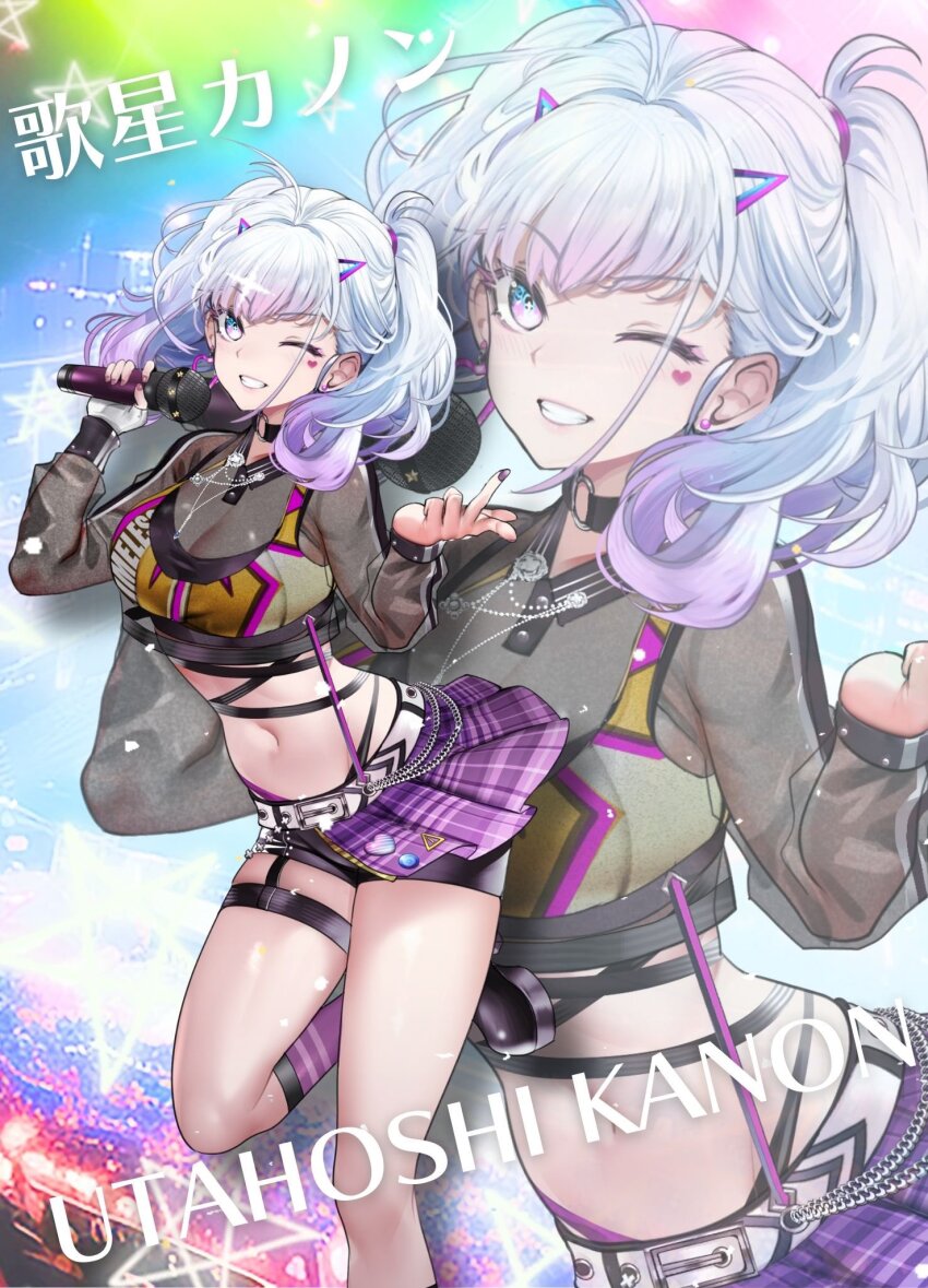 1girl belt bike_shorts bikini bikini_top_only black_choker blue_eyes bra breasts chain character_name choker cleavage crop_top earrings facial_mark fingerless_gloves gloves gradient_hair grey_hair heart heart_facial_mark highres holding holding_microphone horns indie_virtual_youtuber jewelry long_hair microphone multicolored_bikini multicolored_bra multicolored_eyes multicolored_hair navel necklace o-ring o-ring_choker one_eye_closed orange_bikini plaid_clothes plaid_skirt purple_bikini purple_eyes purple_hair purple_skirt see-through_cleavage see-through_clothes shorts shorts_under_skirt single_fingerless_glove skirt smile swimsuit teddypocky twintails underwear utahoshi_kanon virtual_youtuber white_belt white_gloves