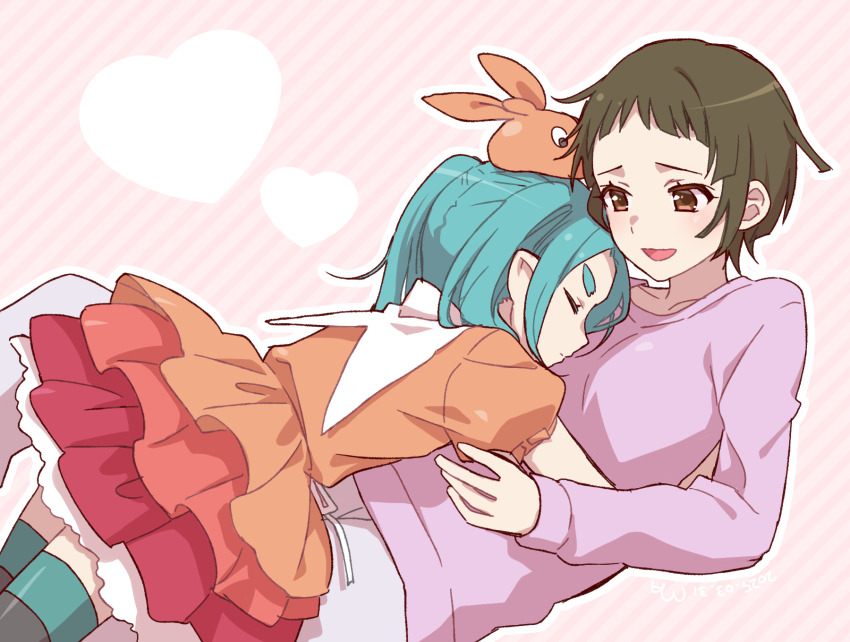 aqua_hair breasts brown_eyes brown_hair closed_eyes closed_mouth dated dress hat heart highres hug kishimen_hair long_hair long_sleeves manimani_(mani_ma) monogatari_(series) nademonogatari ononoki_yotsugi open_mouth orange_dress parted_bangs purple_sweater sengoku_nadeko short_hair short_sleeves small_breasts sweater thick_eyebrows thighhighs twintails yuri