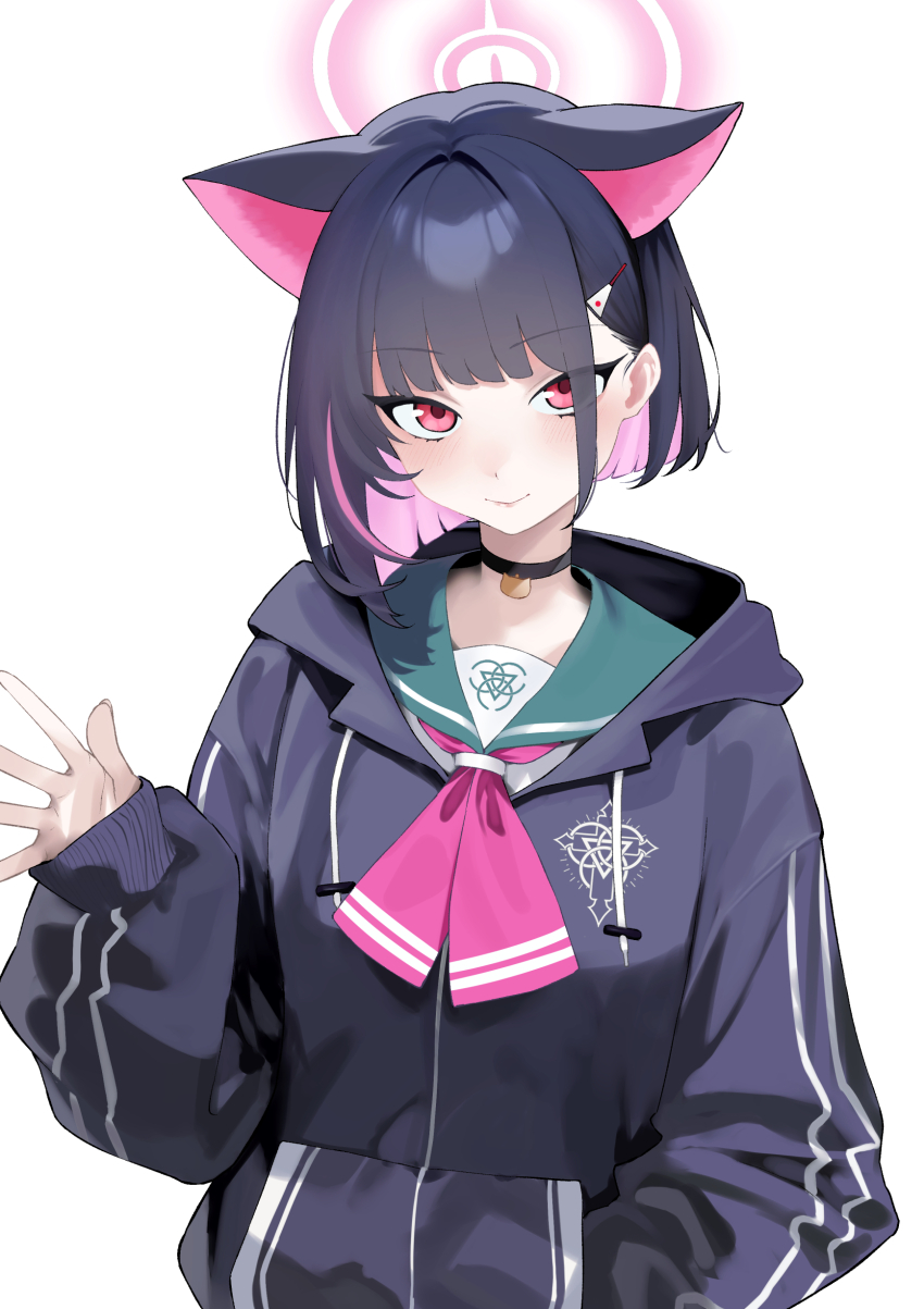 1girl absurdres animal_ears black_choker black_hair black_hoodie black_jacket blue_archive bren_lmg cat_choker cat_ears choker colored_inner_animal_ears colored_inner_hair extra_ears green_sailor_collar gun halo hand_in_pocket highres hood hooded_jacket hoodie jacket kazusa_(blue_archive) light_machine_gun looking_at_viewer machine_gun multicolored_hair neckerchief odaneru_apart open_mouth pink_halo pink_neckerchief red_eyes sailor_collar trinity_general_school_logo upper_body weapon white_background