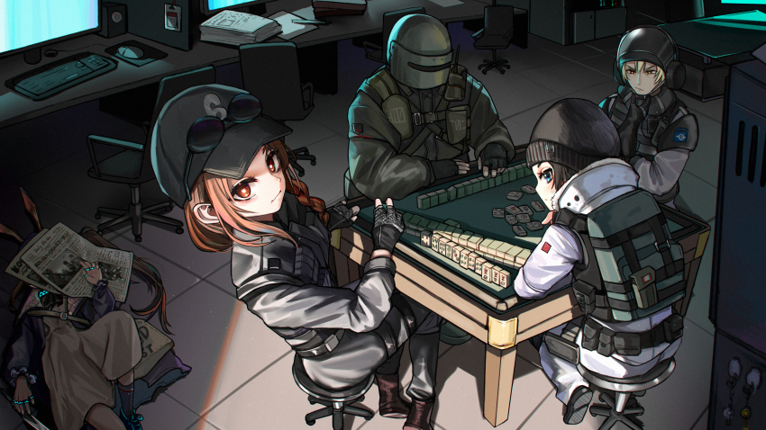 2boys 3girls absurdres amiya_(arknights) animal_ears arknights ash_(rainbow_six_siege) baseball_cap beanie black_hair black_jacket blitz_(rainbow_six_siege) blue_eyes brown_eyes brown_hair crack_of_light dark_room dress eyewear_on_headwear frost_(rainbow_six_siege) glowing hat helmet highres indoors jacket kourou_(kouroukun) long_hair looking_at_viewer mahjong mahjong_tile military multiple_boys multiple_girls rabbit_ears rainbow_six_siege short_hair tachanka_(rainbow_six_siege) white_dress