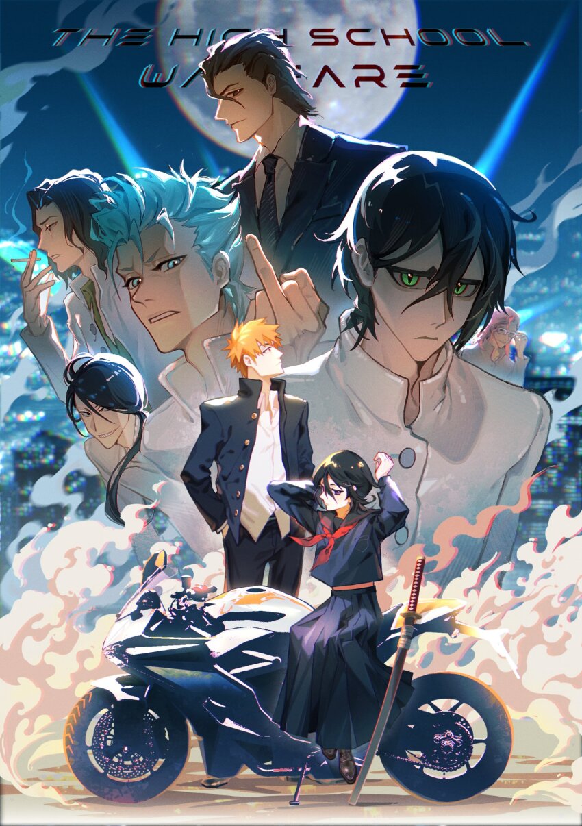 1girl aizen_sousuke alternate_universe black_eyes black_hair bleach blue_eyes blue_hair brown_eyes brown_hair cigarette city_lights cityscape collared_jacket collared_shirt coyote_starrk dust english_text full_moon glasses green_shirt grimmjow_jaegerjaquez hair_between_eyes hair_pulled_back hands_in_pockets highres holding holding_cigarette humanization jacket katana kuchiki_rukia kurosaki_ichigo long_skirt long_sleeves looking_at_viewer looking_up middle_finger midriff_peek moon motor_vehicle motorcycle multiple_boys necktie night night_sky nnoitra_gilga on_motorcycle open_clothes open_jacket orange_hair outdoors parted_lips pink_hair ponytail purple_eyes sailor_collar school_uniform sheath sheathed shirt sideways_glance skirt sky smile sword szayelaporro_granz takenokoqvq ulquiorra_cifer weapon white_shirt