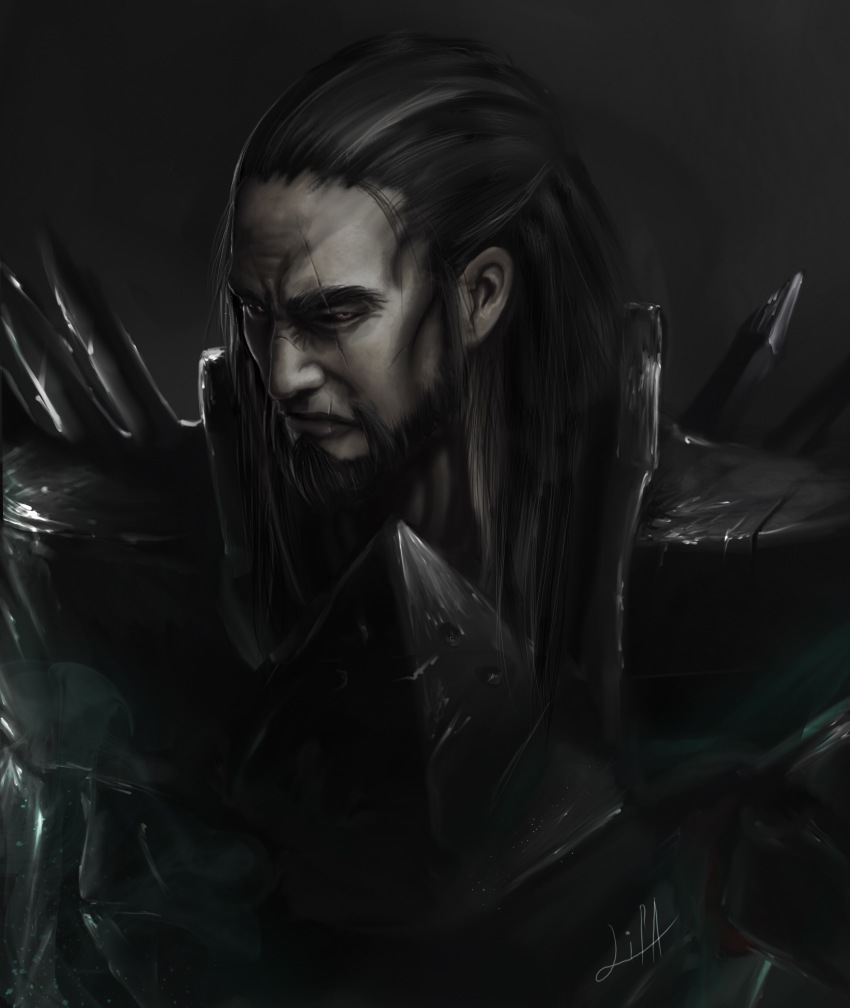 1boy absurdres armor beard facial_hair helmet highres league_of_legends long_hair looking_at_viewer male_focus mordekaiser ruinedqueen scar scar_across_eye scar_on_face shoulder_armor simple_background solo spiked_armor unworn_headwear unworn_helmet