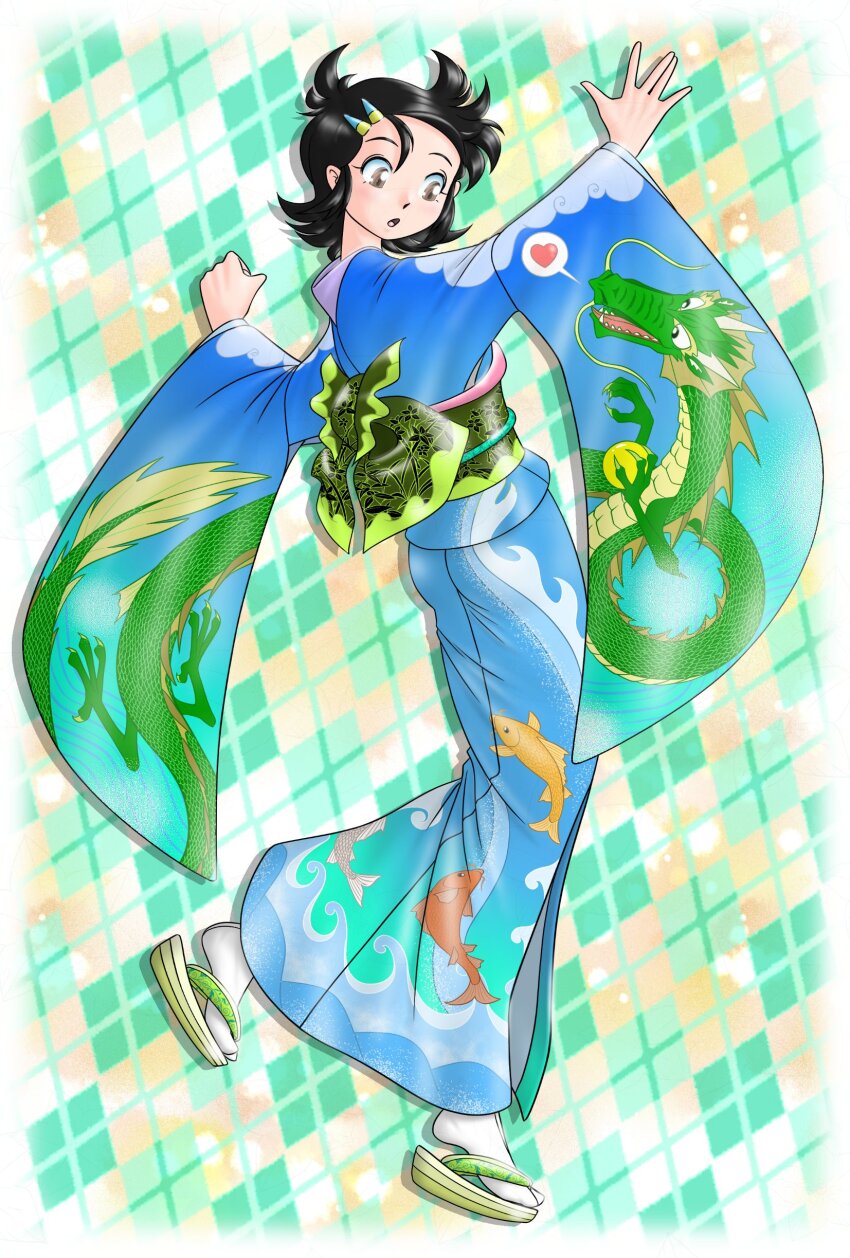 1girl absurdres animal_print black_hair blue_kimono dragon dragon_print eastern_dragon fish_print full_body green_sash hair_ornament hairclip heart highres japanese_clothes kimono obi okobo open_mouth original platform_sandals print_kimono sandals sash shirokuro_jakko short_hair socks solo speech_bubble spoken_heart standing standing_on_one_leg tabi white_socks wide_sleeves