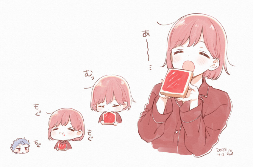 1boy 1girl blush bob_cut bread bread_slice chibi chibi_inset closed_eyes collared_shirt couple dated eating food food_in_mouth food_on_face grey_hair hetero holding holding_food krudears looking_at_another mouth_hold open_mouth pajamas pink_hair protagonist_(tokimemo_gs3) red_eyes red_pajamas red_shirt shirt shitara_seiji short_hair toast toast_in_mouth tokimeki_memorial tokimeki_memorial_girl&#039;s_side tokimeki_memorial_girl&#039;s_side_3rd_story upper_body white_background