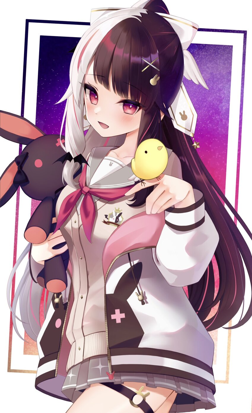 1girl bird black_hair blush brown_cardigan cardigan chick grey_sailor_collar grey_skirt hair_ornament high_ponytail highres jacket long_hair multicolored_hair neckerchief nijisanji open_clothes open_jacket open_mouth pink_eyes pink_neckerchief ponytail rabbit_hair_ornament sailor_collar school_uniform serafuku shin_insh skirt smile solo stuffed_animal stuffed_rabbit stuffed_toy two-tone_hair virtual_youtuber white_hair x_hair_ornament yorumi_rena yorumi_rena_(9th_costume)