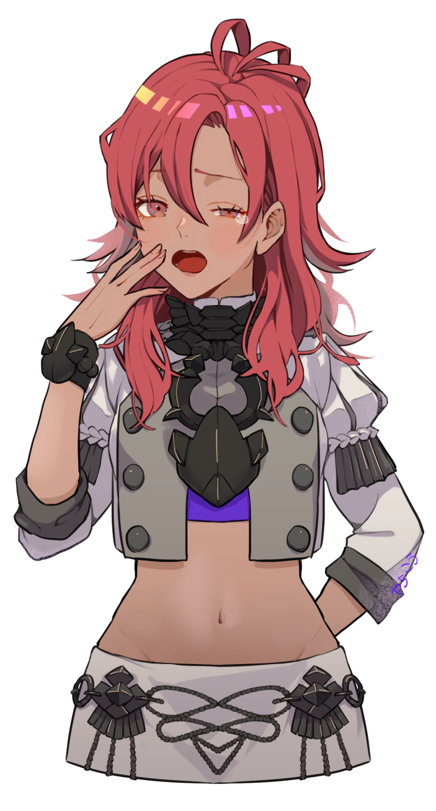 1girl commentary crop_top dark-skinned_female dark_skin fire_emblem fire_emblem:_three_houses garreg_mach_monastery_uniform hapi_(fire_emblem) highres midriff nintendo red_eyes red_hair skirt solo triple_ahoge white_skirt yachimata_1205 yawning