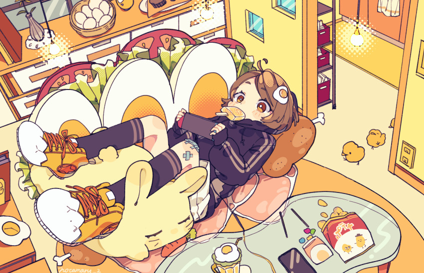 1girl ahoge bandaid bandaid_on_knee bandaid_on_leg bird black_jacket black_socks blush_stickers brown_eyes brown_hair carrot chick chips_(food) commentary couch cup egg egg_(food) egg_hair_ornament food food-themed_hair_ornament food_in_mouth full_body hair_ornament handheld_game_console highres holding holding_handheld_game_console indoors jacket kneehighs lettuce long_sleeves lying notamaru_2 on_back original popsicle potato_chips rabbit shoes short_hair shorts sleeves_past_wrists socks solo tomato white_shorts yellow_shoes